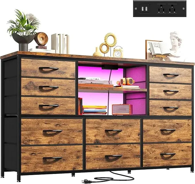 12 Drawers Dresser with LED Lights & Power Outlets, Stand for 60''TV