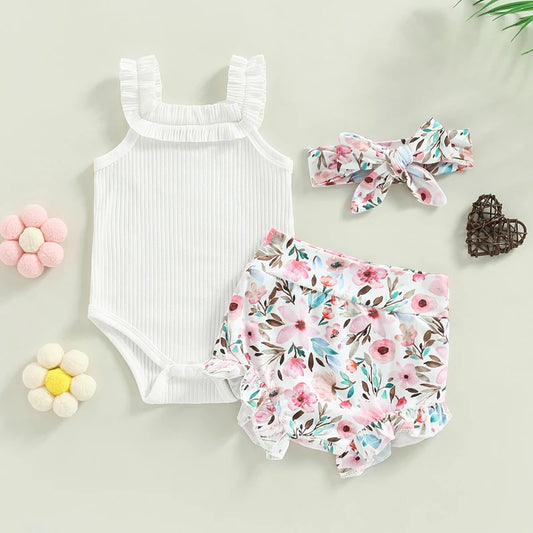 3-18M Baby Girls Shorts Set, Sleeveless Romper, Flower/Rainbow/Print Shorts, Hairband