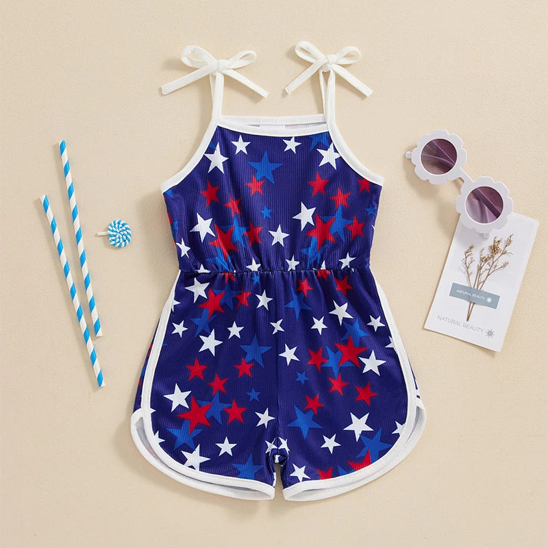 18MO-5T Girls Jumpsuit Tie-up Spaghetti Straps Stars Print Romper 4th of July