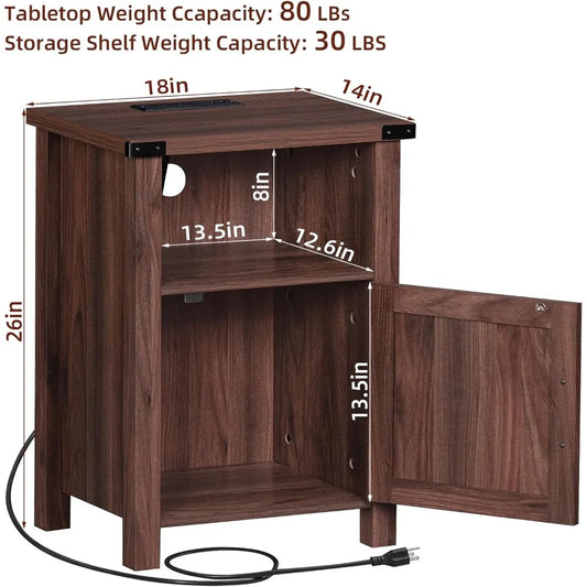18 Inch Side stand with Charging Station and USB Port, Magnetic Door & Open Shelves
