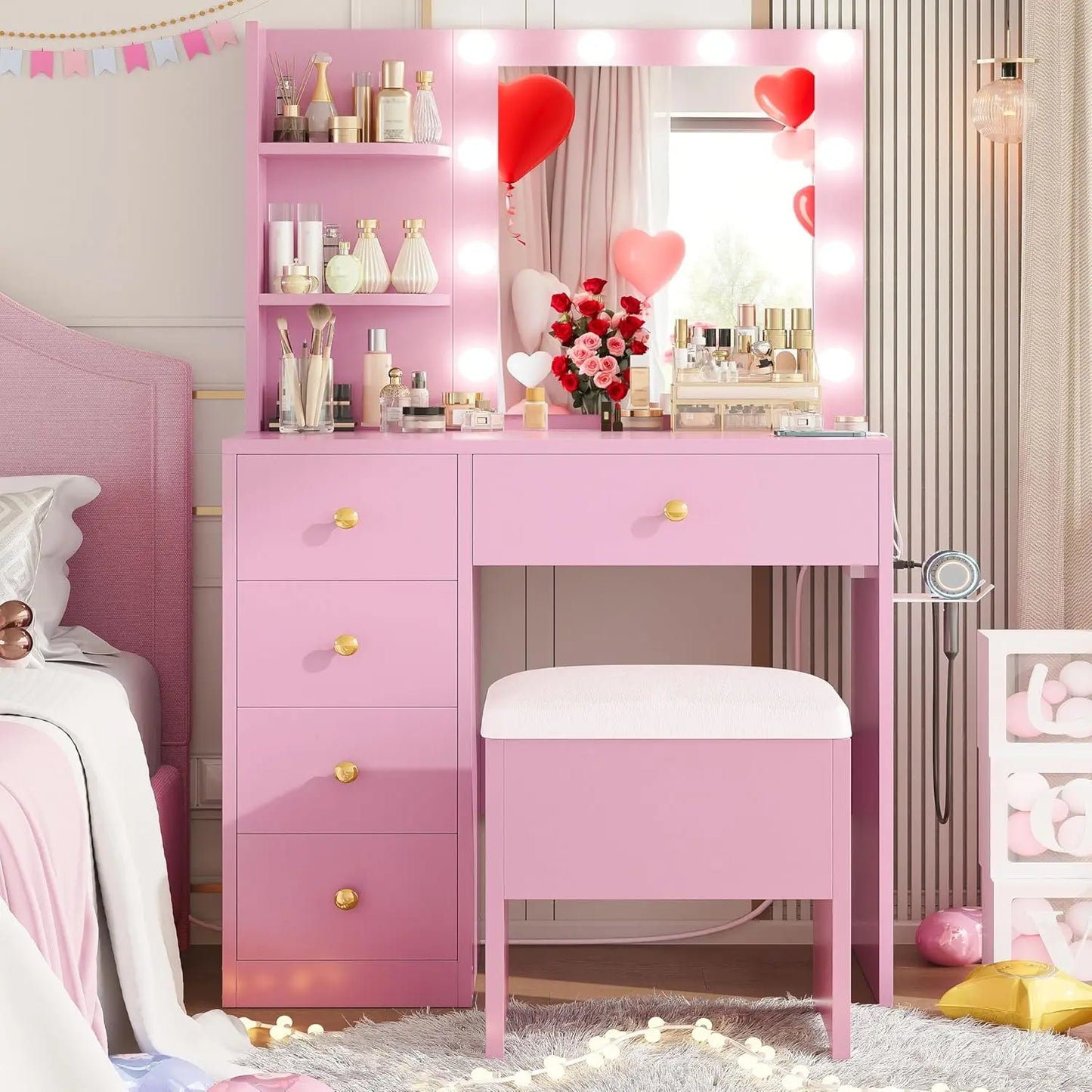 Vanity/Desk with Mirror and Lights with 5 Drawers