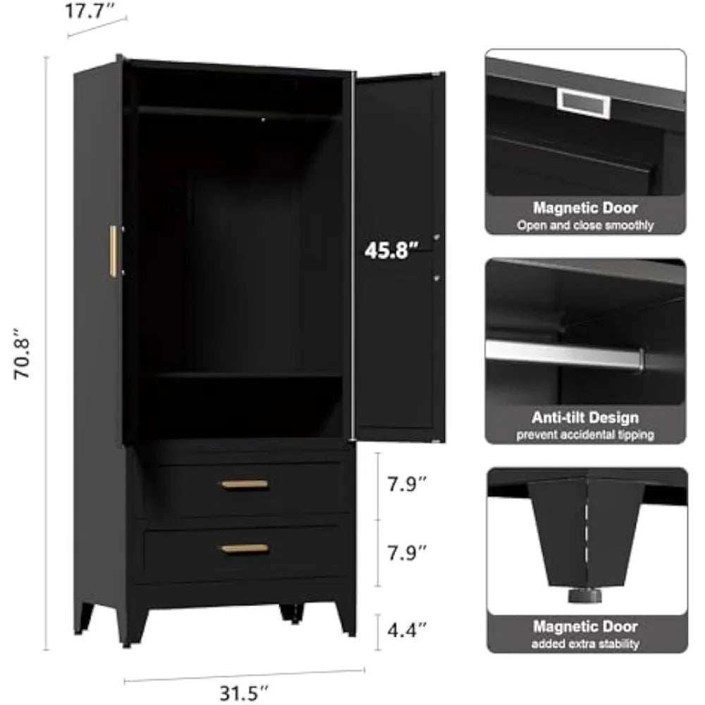 71'' Metal Wardrobe Cabinet with Hanging Rod, 2 Barn Door with Adjustable Shelves, 2 Drawer
