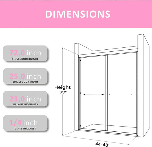 48 Inch Glass Shower Door with 1/4" (6mm) Clear SGCC Tempered Glass, 44-48 in.W x72 in.H