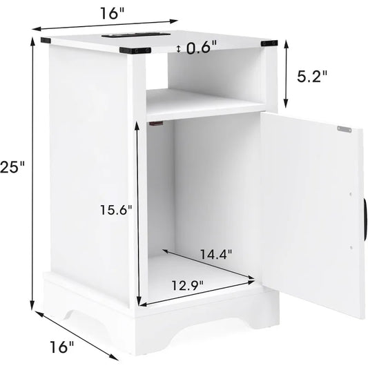 Farmhouse White Bedside/End Table with Charging Station and Storage