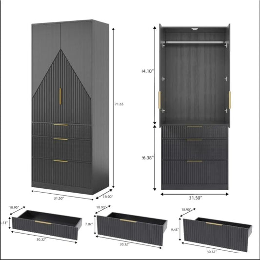 71.7" Wardrobe Armoire Wooden Closet with 2 Doors and 3 Drawers, with Hanging Rod Shelf, Large Capacity Storage