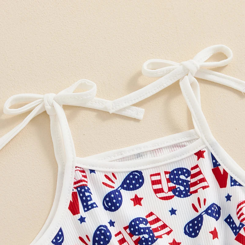 18MO-5T Girls Jumpsuit Tie-up Spaghetti Straps Stars Print Romper 4th of July