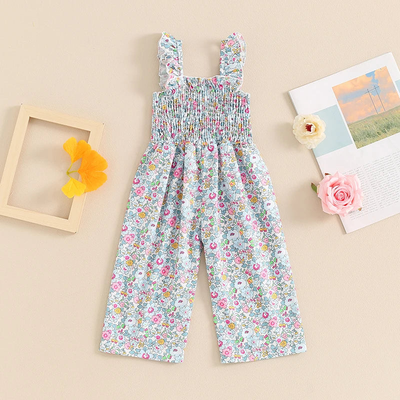 12MO-4T Lovely Baby Girls Summer Jumpsuit, Sleeveless Strap, Floral Print, Wide Leg Pants