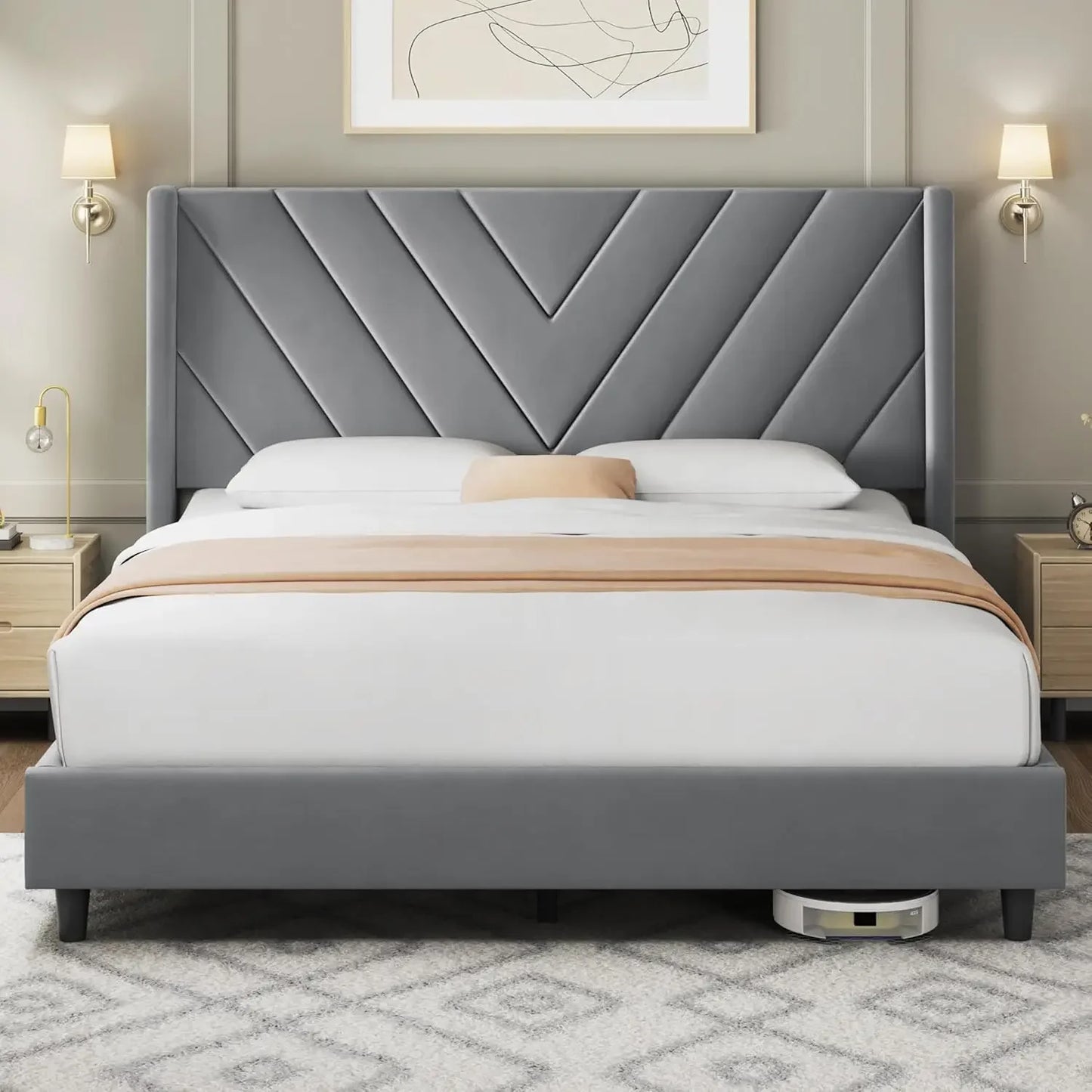 Upholstered Platform Bed with Wing Side/Wooden Slat Support/Tufted Headboard