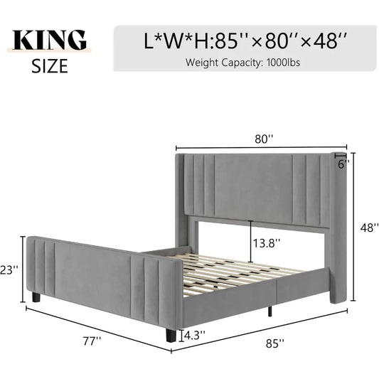 Velvet Upholstered Platform Bed with Vertical Channel Tufted Headboard & Footboard/Wingback, Mattress Foundation with Wood Slat