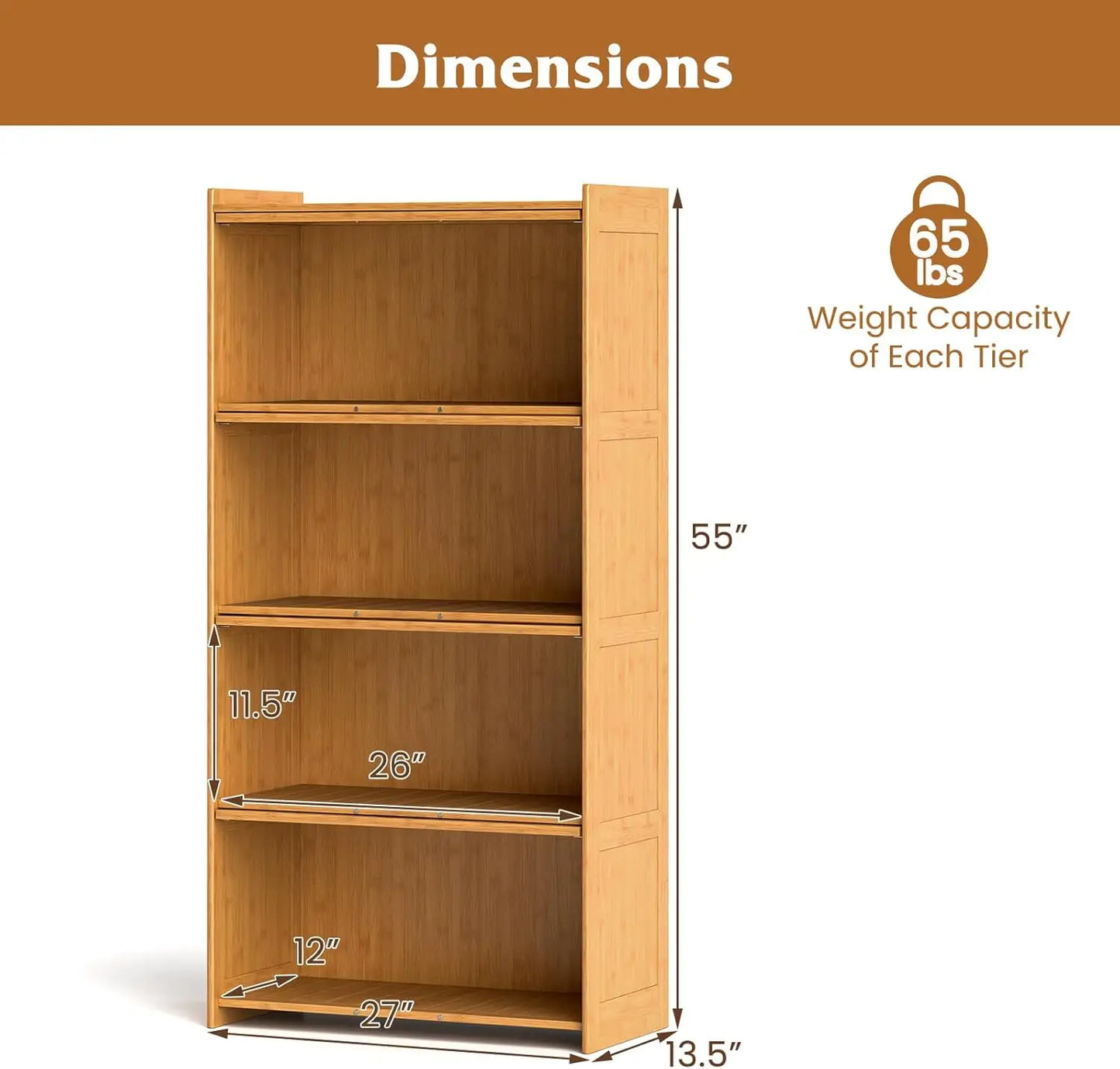 4-Tier 55" Bamboo Bookshelf with Flip-up Acrylic Doors