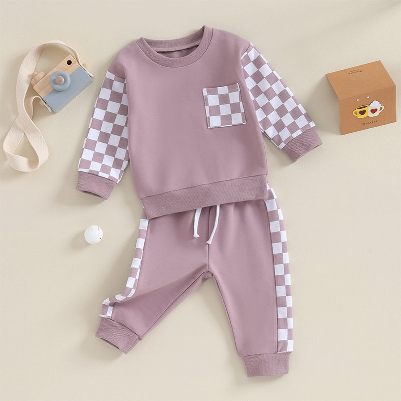 0 MO-3Y Girl Clothes Outfits, Long Sleeve, Checkboard Sweatshirt and Pants Set
