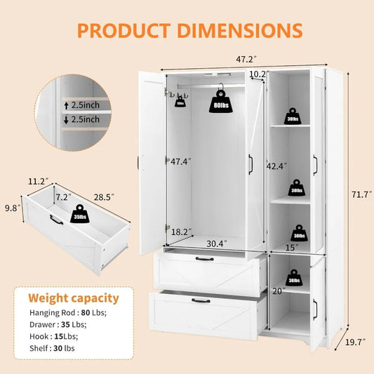 72''H Armoire Wardrobe Cabinet with Mirror and 2 Drawers, Hanging Rod and Light