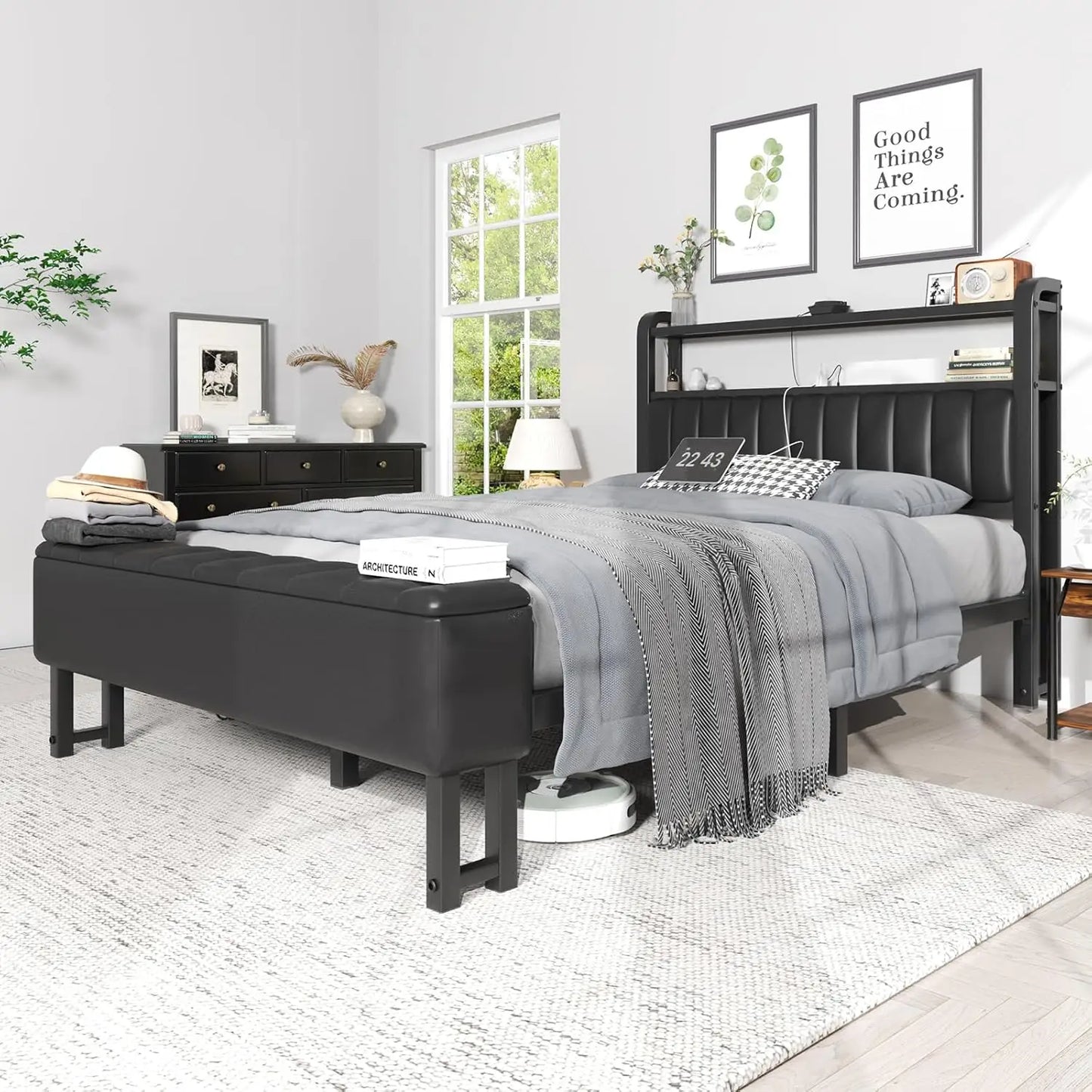 King Size Bed Frame with Star Projector & Charging Station, Headboard