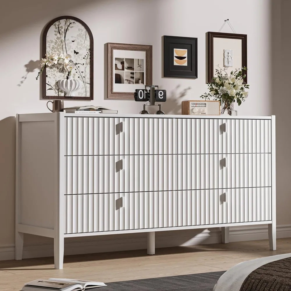 Wood Double, 6-Drawer Dresser with Wooden Legs, TV Stand Storage Unit