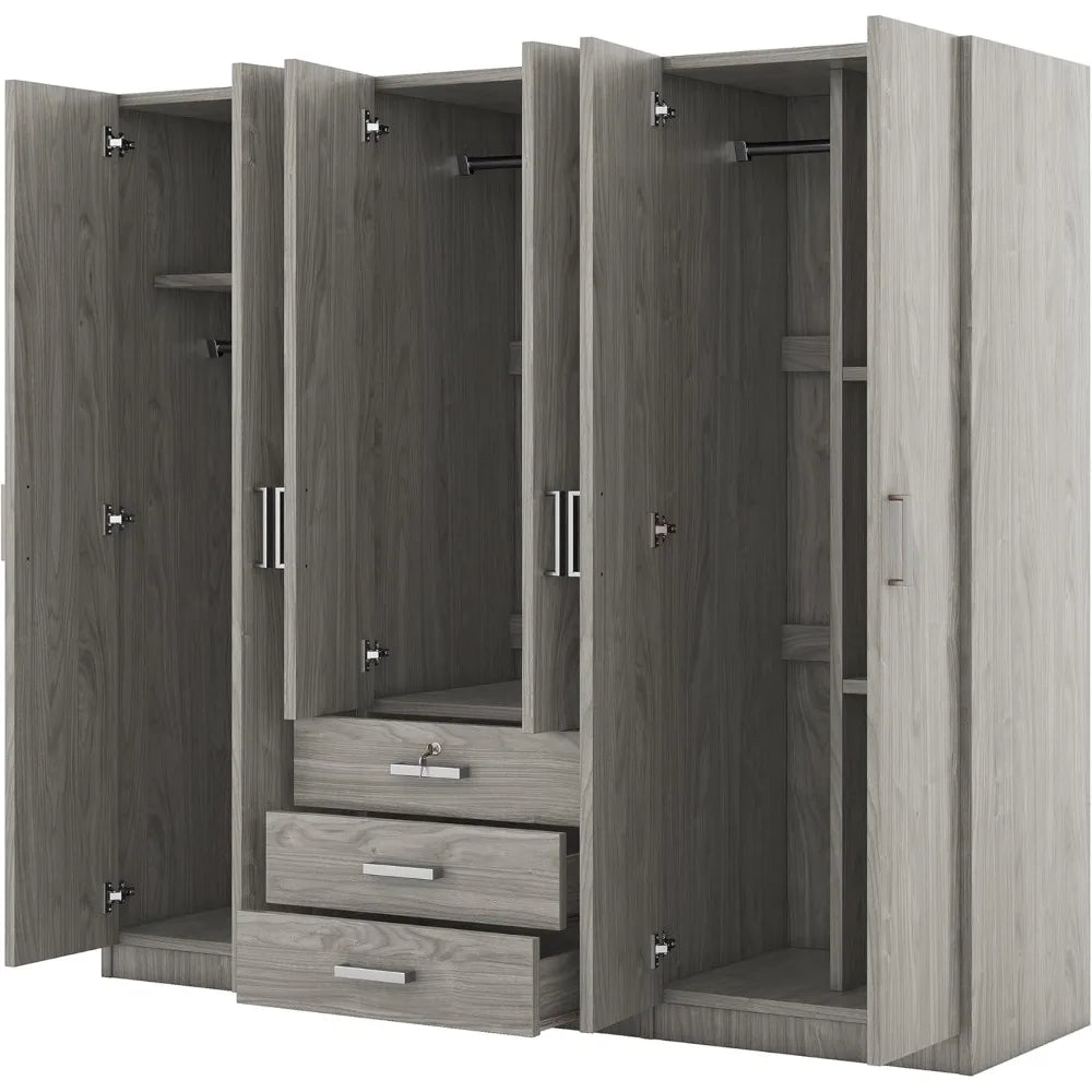 "Spacious 6-Door Armoire Wardrobe with Ample Drawers, Hanging Space and Shelves for Bedroom Storage"