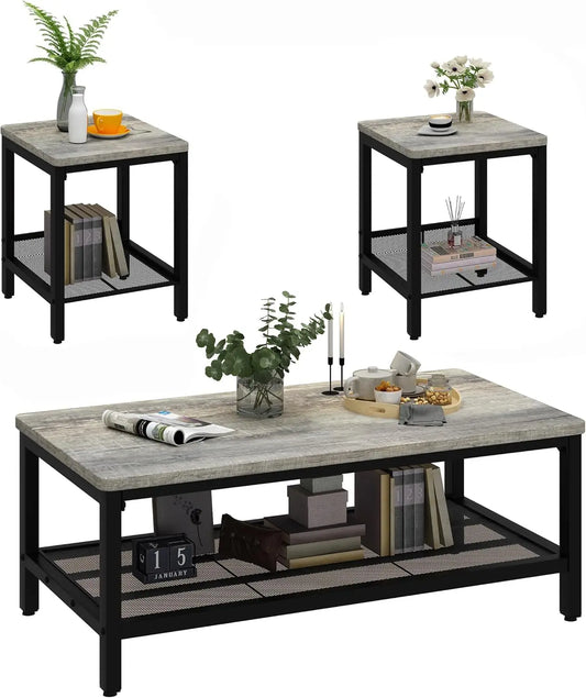 Industrial Coffee Table with 2 Square End Side Tables (3 colors)