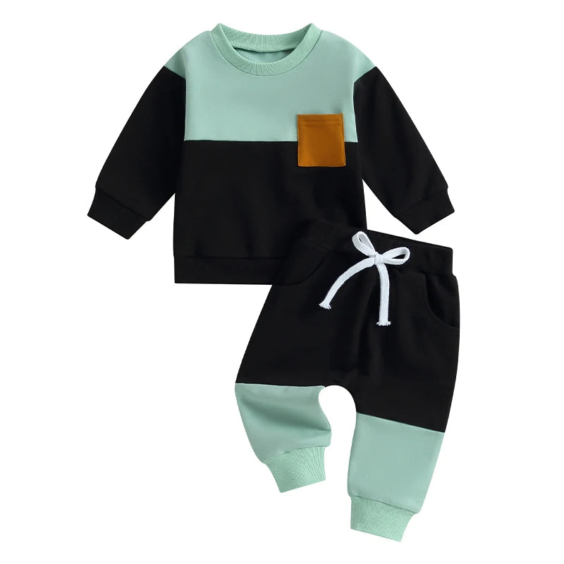 0-3Years Baby Boy 2Pcs Autumn Pants Set, Contrast Color, Long Sleeve Crew Neck