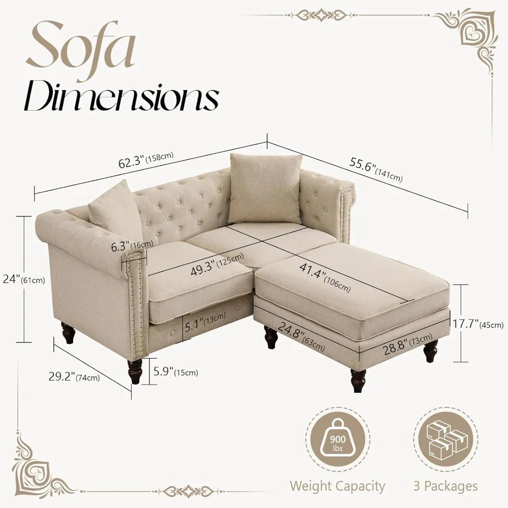 62" Tufted Linen Loveseat with Gourd Wooden Legs, Nailhead Trim and Flared Arms,