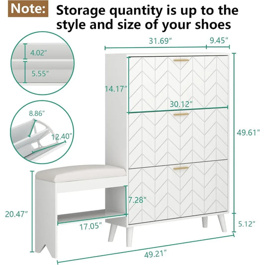 Shoe Cabinet w/3 Flip Drawers & Bench