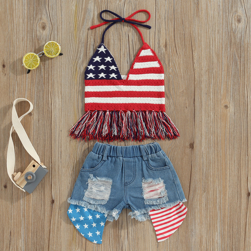 2Pc 2T-6T Toddler Girl Independence Day Summer Set, Knit Vest Top Denim Shorts
