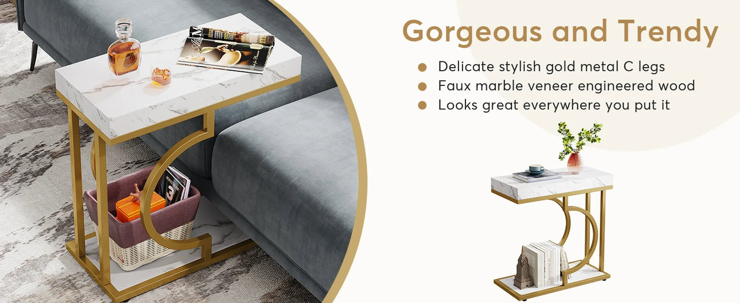 Narrow White Gold Side C Shaped End/Bedside Table