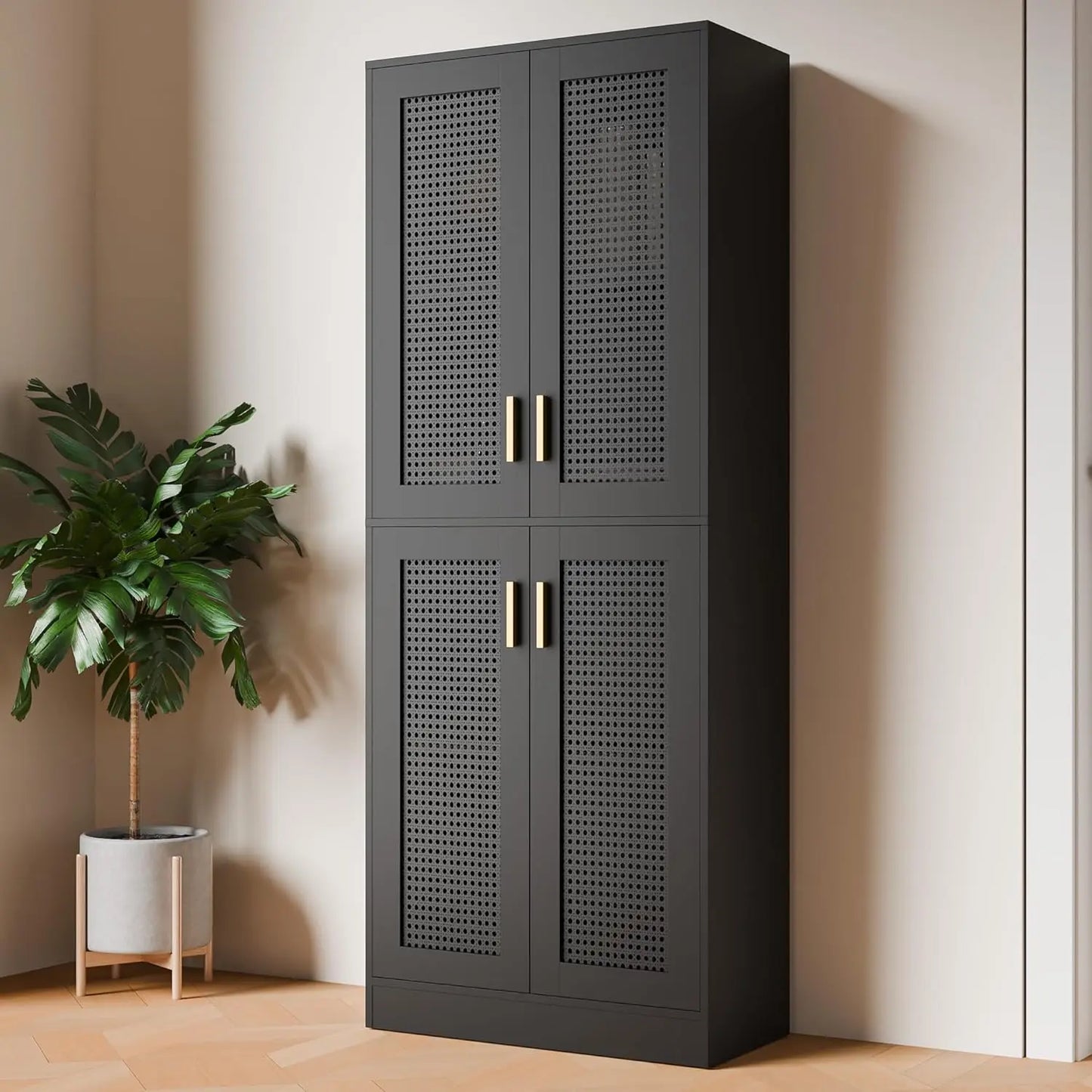 71" Tall Rattan Storage Cabinet with Doors and Shelves
