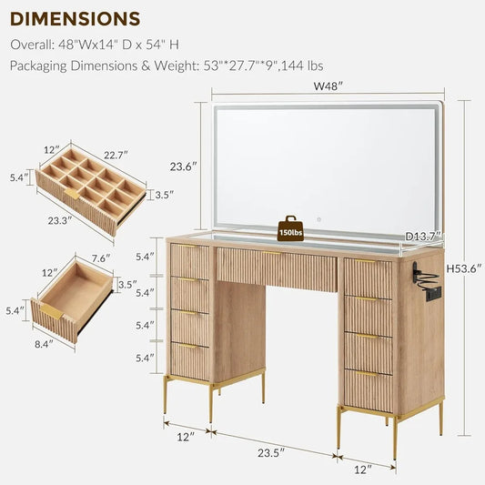 48" Vanity/Desk with 48" Large Mirror and HD Lights with 9 Drawers & Charging Station