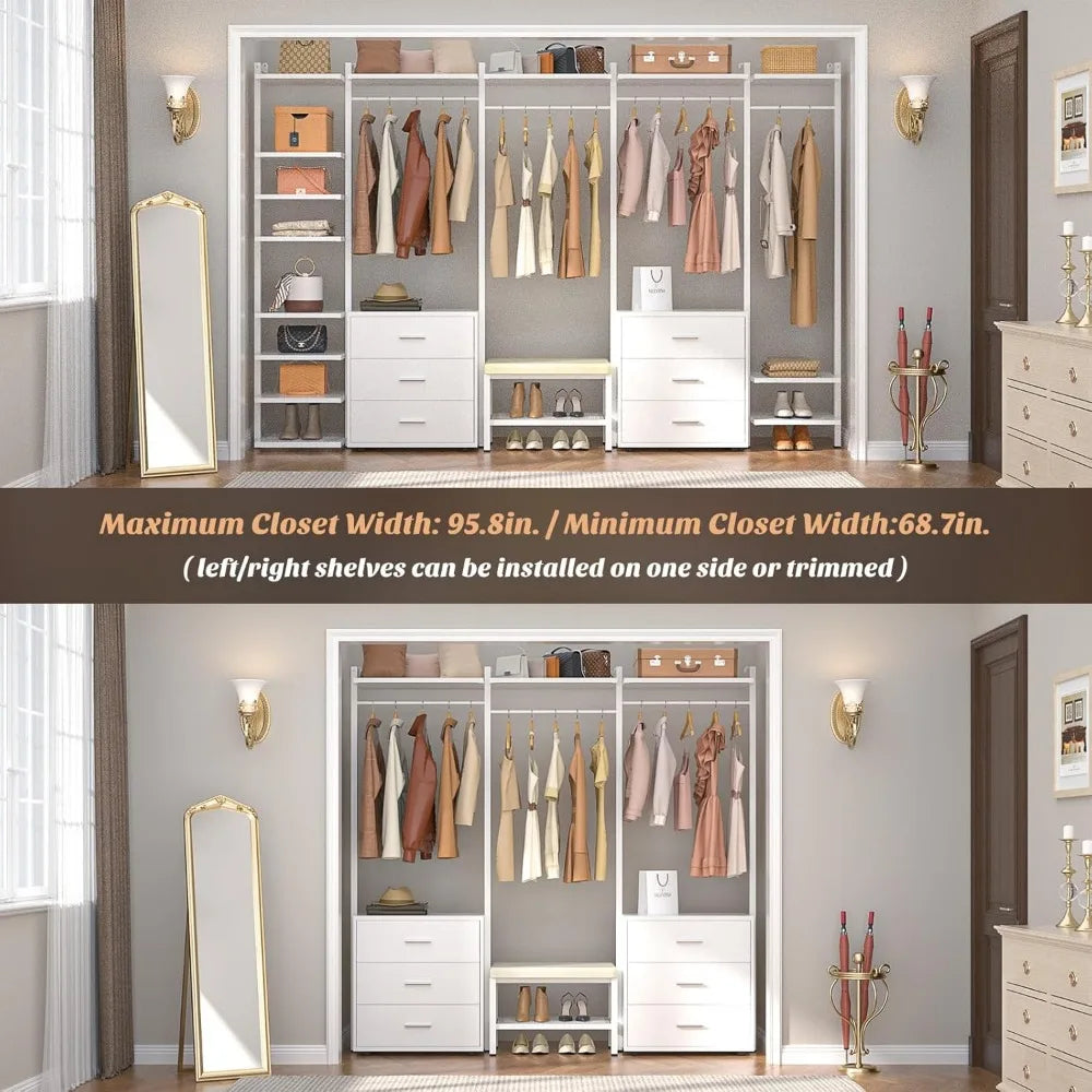 Clothing Rack Heavy Duty Closet System Organizer, 8FT Large Wall Mounted Garment Rack with 6-Drawers