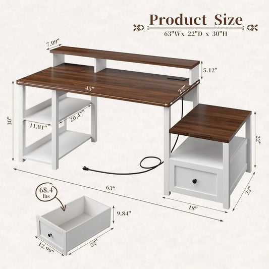 63" Farmhouse Style Computer Desk with Drawers and LED Lights, Storage Shelves and Power Outlets