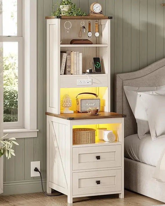 Tall Nightstand with Charging Station and 2 Drawers, LED with Bookshelf