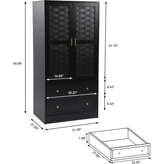Armoire Wardrobe Closet with 2 Woven Doors, Wardrobe Cabinet with 2 Storage Drawers