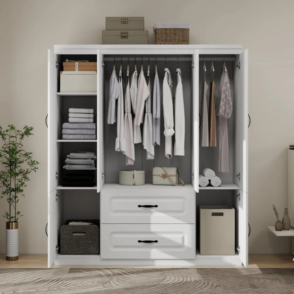 4-Door White Armoire with Drawers and Hanging Rod