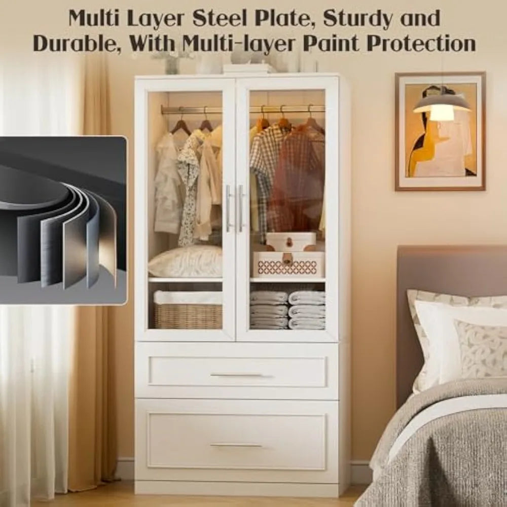 71" 2 Doors Armoire Wardrobe Closet with 2 Drawers and LED