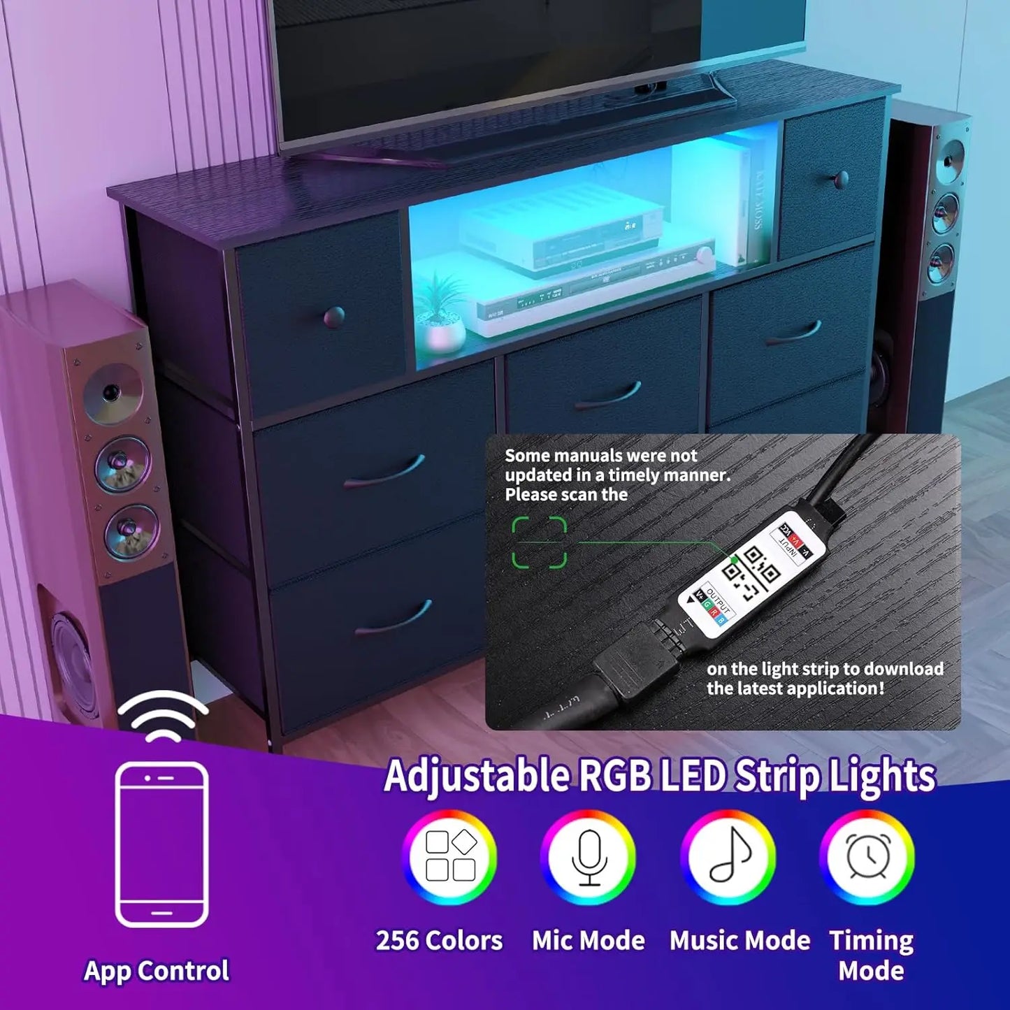 Black 55" TV Stand with 8 Drawers, Fabric Chest of Drawers, Power Outlets and LED Lights