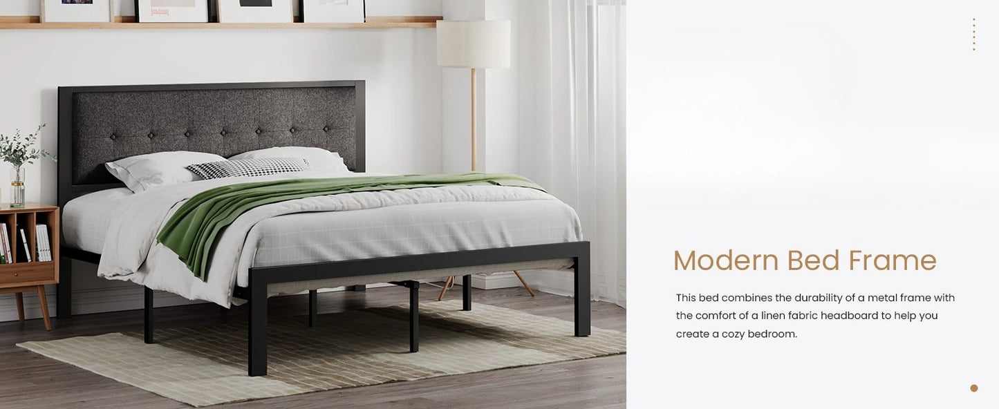 King Size Platform Bed Frame with Upholstered Headboard, Metal Slats Support, Noise Free