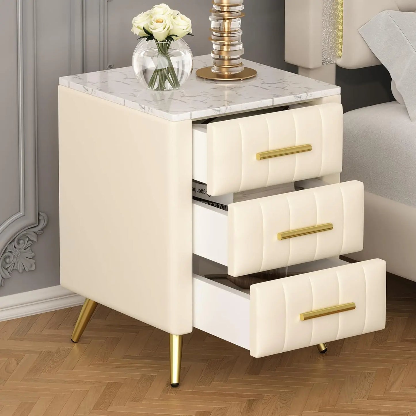Nightstand with Drawers Set of 2, Upholstered Wood with Marbling Top