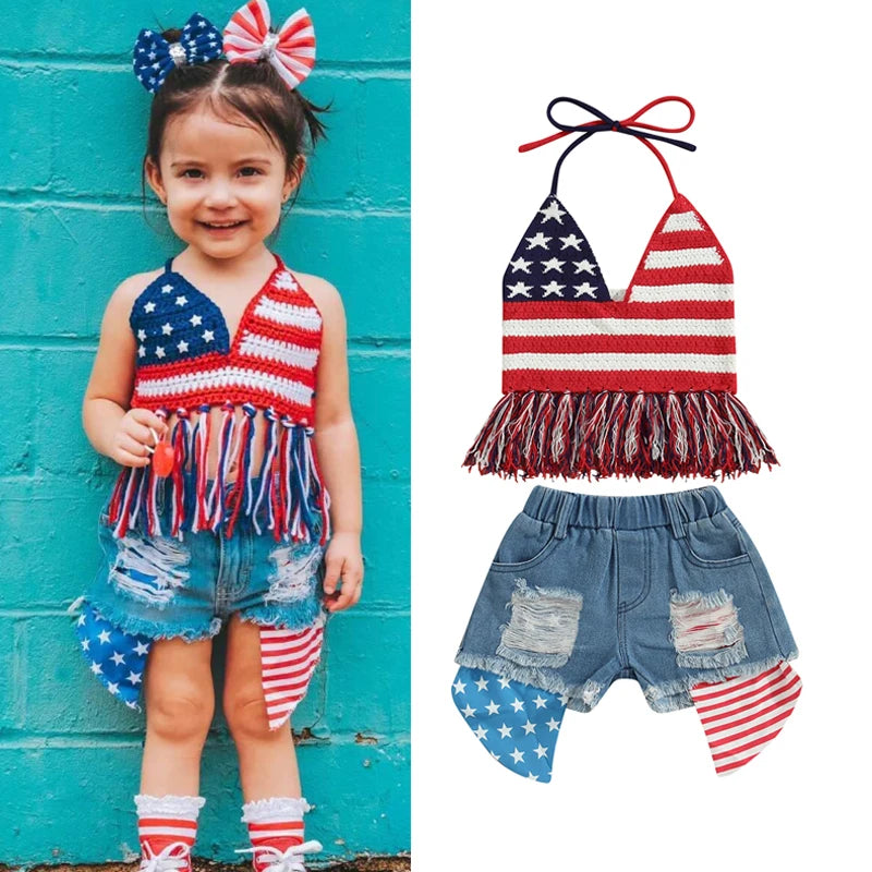 2Pc 2T-6T Toddler Girl Independence Day Summer Set, Knit Vest Top Denim Shorts