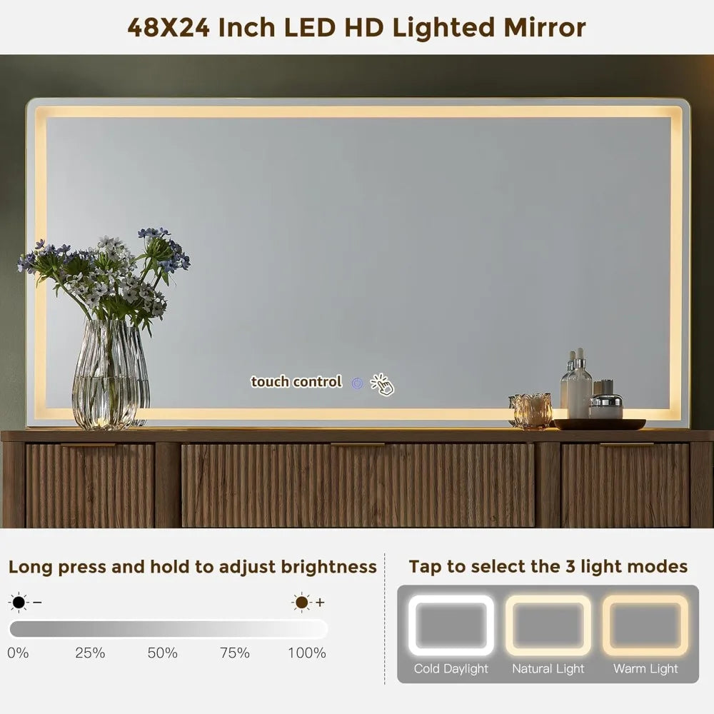48" Vanity/Desk with 48" Large Mirror and HD Lights with 9 Drawers & Charging Station