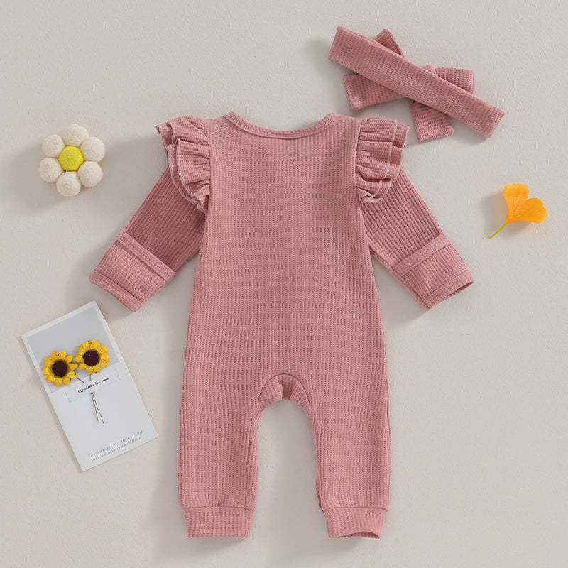 0-12M Baby Girl Ruffle Zipper Romper, Long Sleeve Jumpsuit