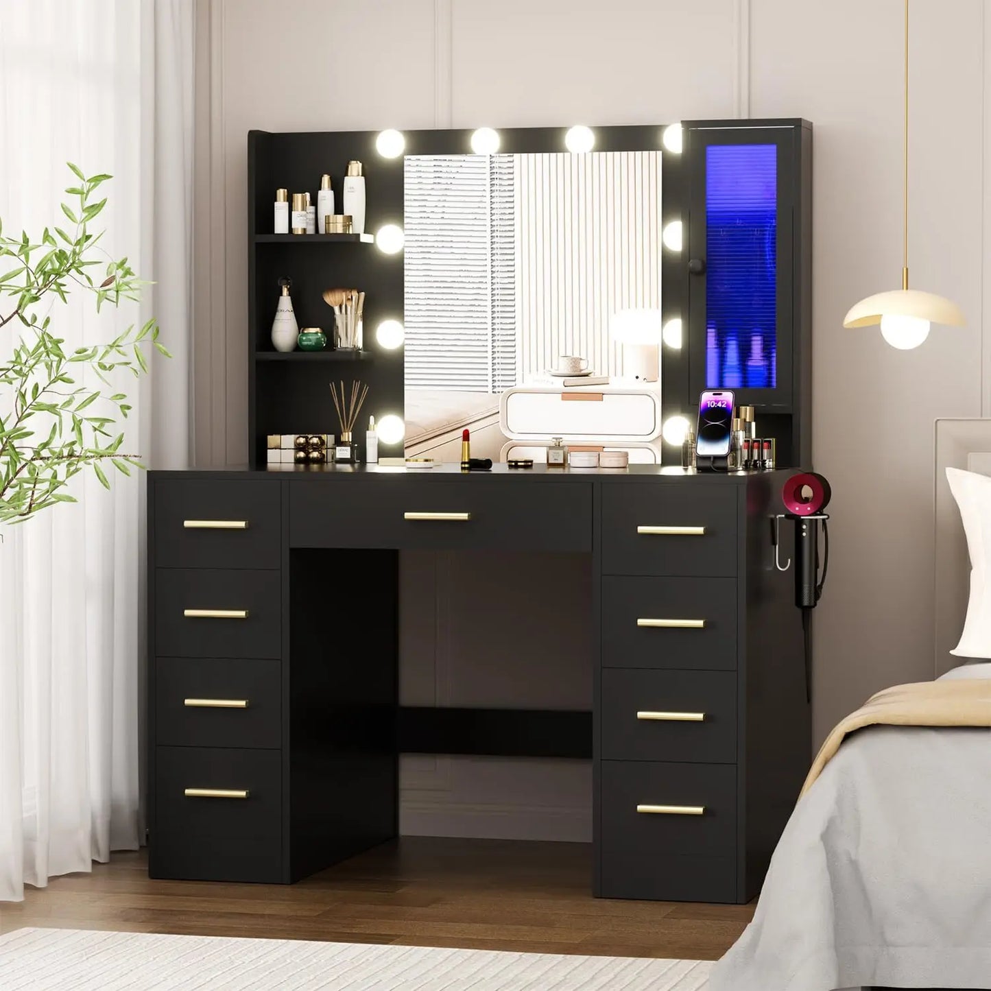 Large 43" Vanity/Desk with Mirror and Lights, 9 Drawers and Power Outlet, 3 Open Shelves and 1 RGB