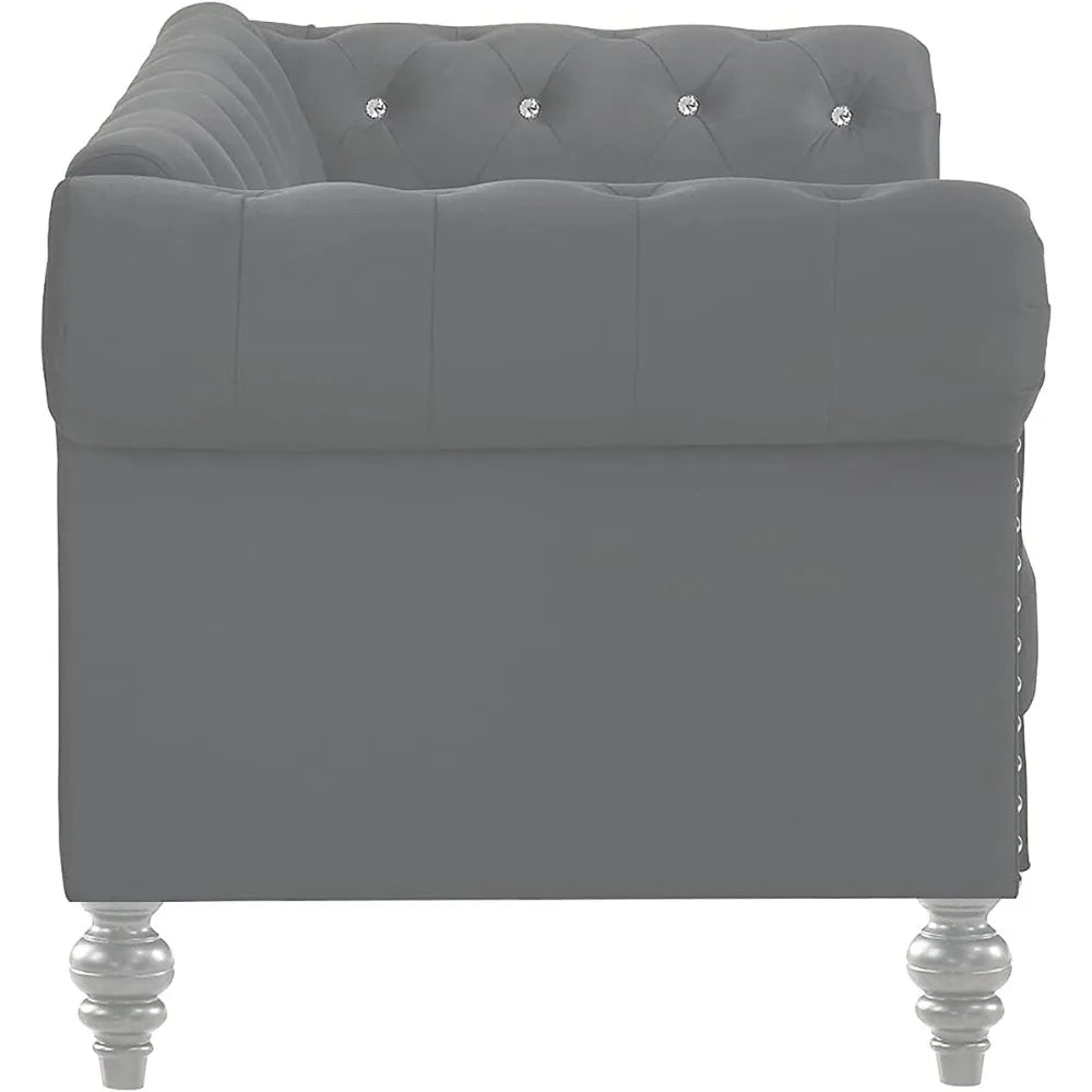 Glam Emma Velvet Two Seater Chesterfield Style Loveseat for Small Spaces with Crystal Button Tufts, Gray
