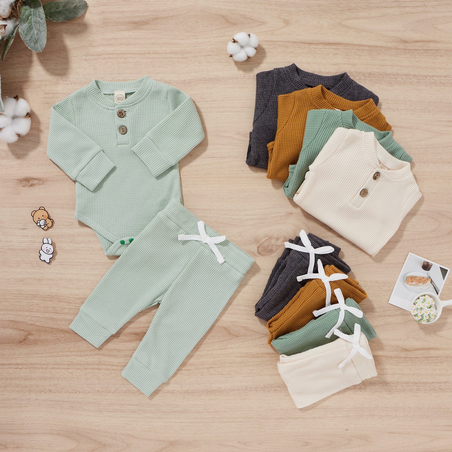 0-24Months Spring Solid Toddler/Baby Waffle Plaid Outfits Long Sleeve Romper + Casual Pants Set