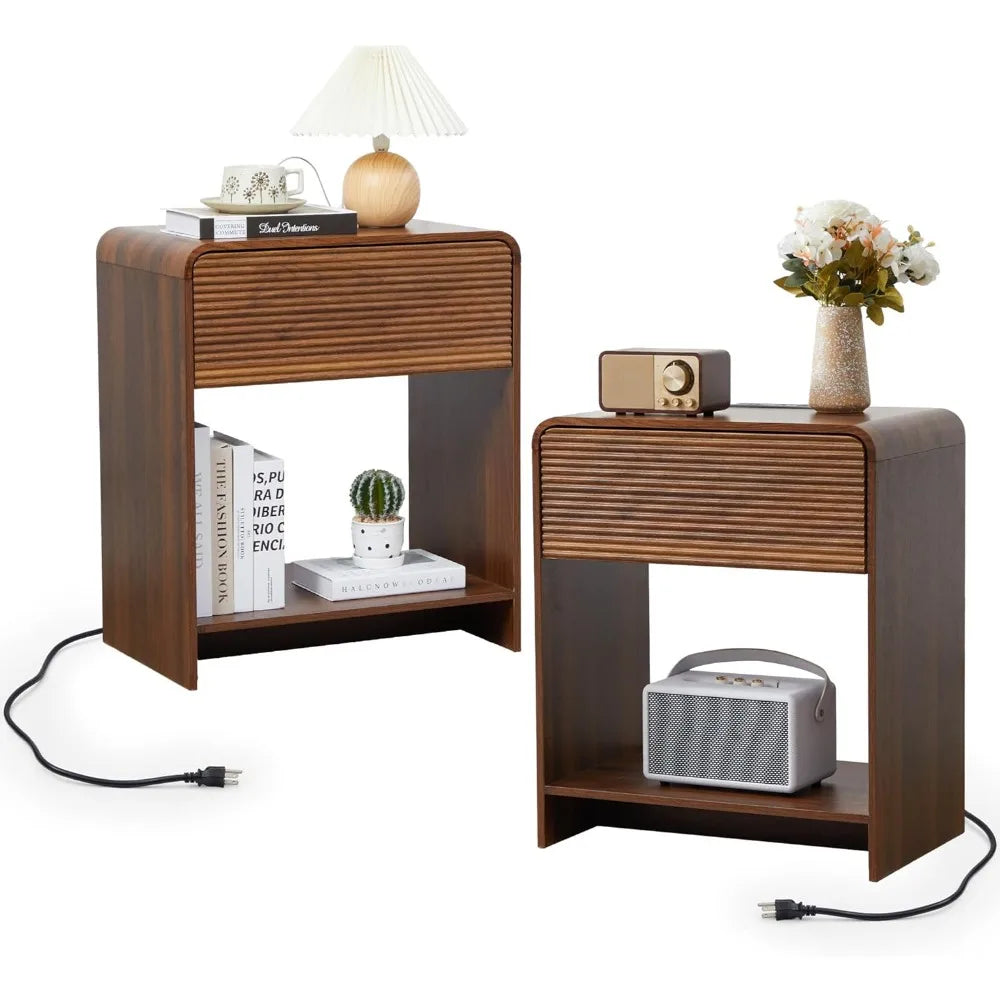 Set of 2, Nightstands with Charging Station, Drawer Storage