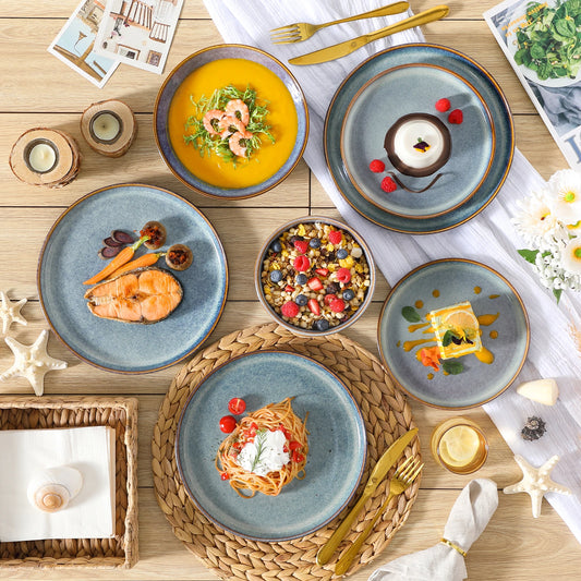 12/16/18/24 Piece Grey-Blue Reactive Glaze Stoneware Plates Set