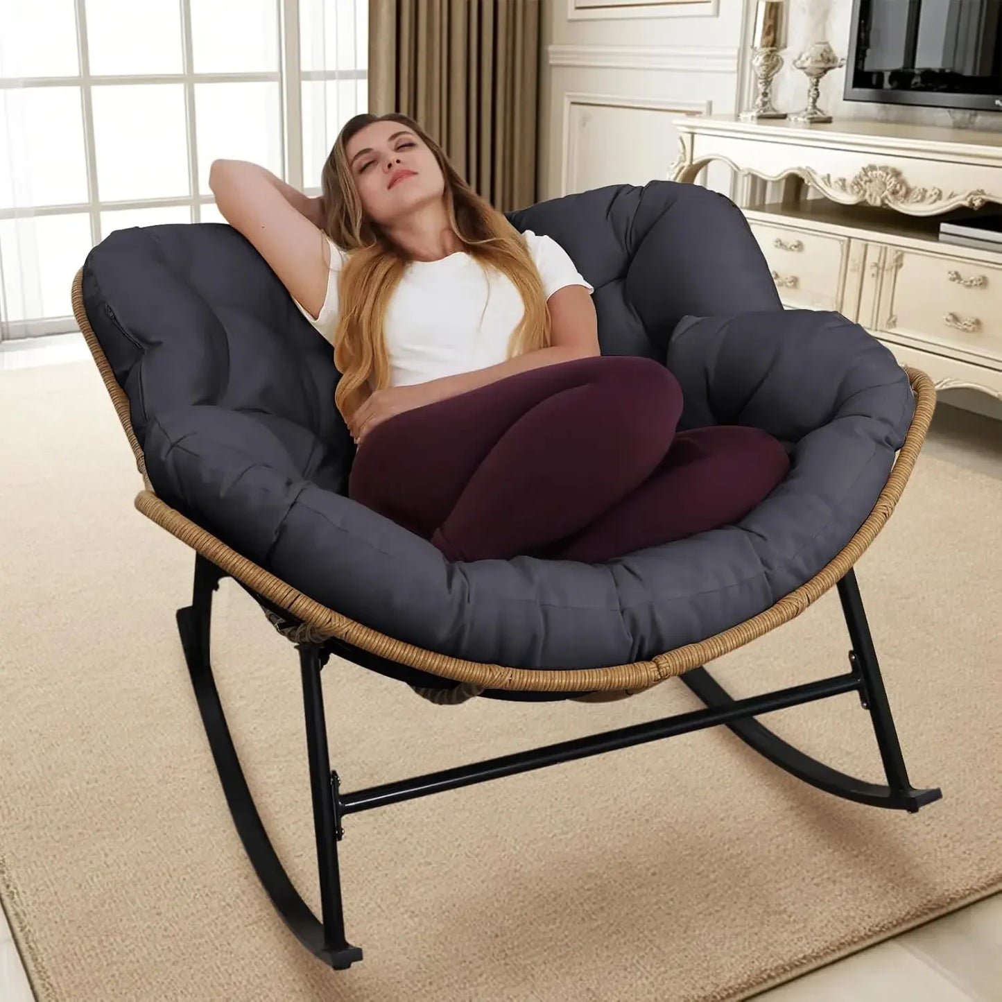 Outdoor Papasan Rocking Chair with Padded Cushion (2 colors)
