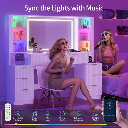 59.1" Vanity Desk with Mirror and Sound Sync LED Lights, 8 Drawers,