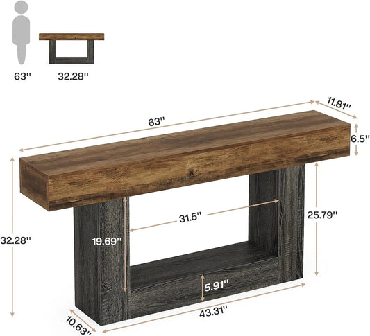 63" 2-Tier Entryway Table with U-Shaped Base, Narrow Long Wood