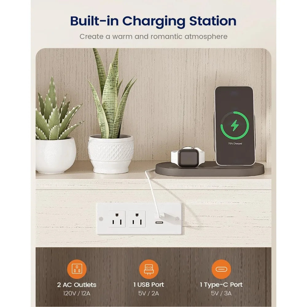 Tall Nightstand with Charging Station and 2 Drawers, LED with Bookshelf