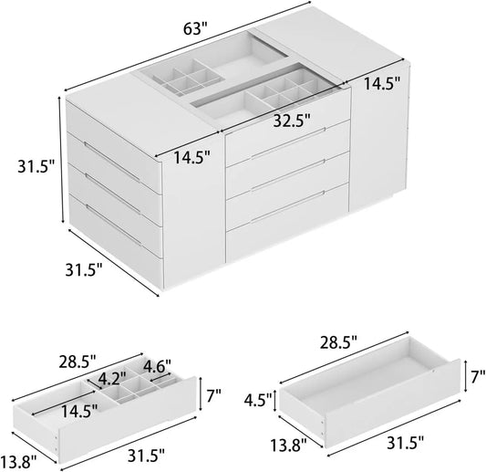 Island Wardrobe with Jewelry Organizer Closet with 16 Drawers & Glass Tabletop