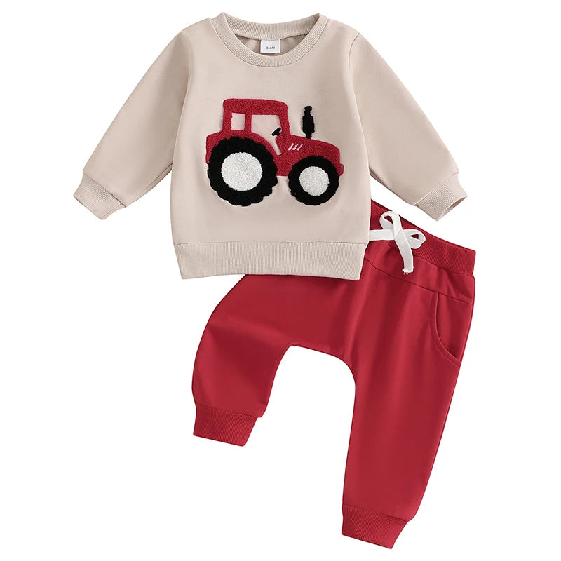 3-36 MO Boy Outfit, Tractor Embroidery Long Sleeve Sweatshirt with Solid Long Pants